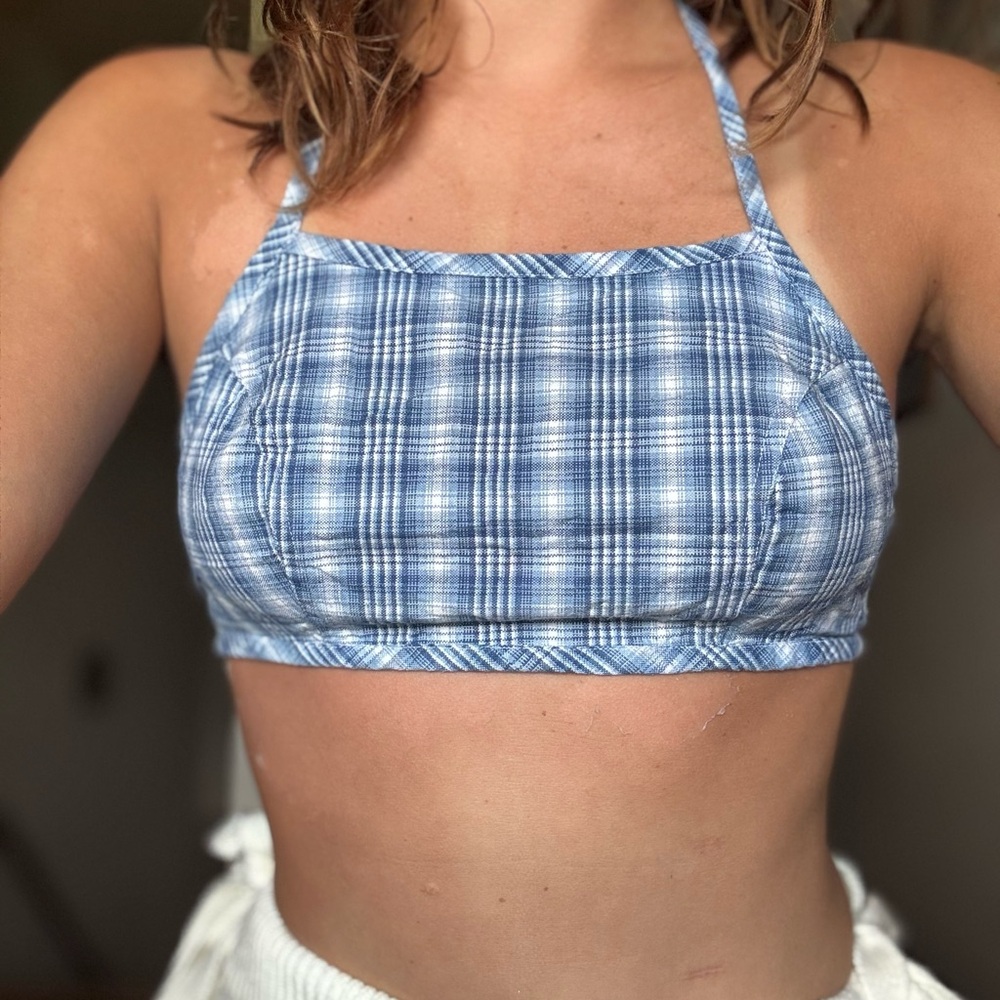 90’s Retro Blue Plaid Halter Crop Top